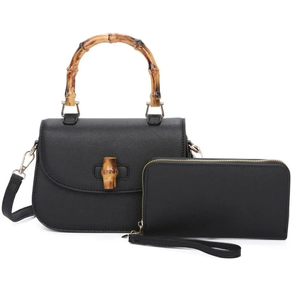 Womens Black Bamboo Shaped Top Handle Satchel With Wallet